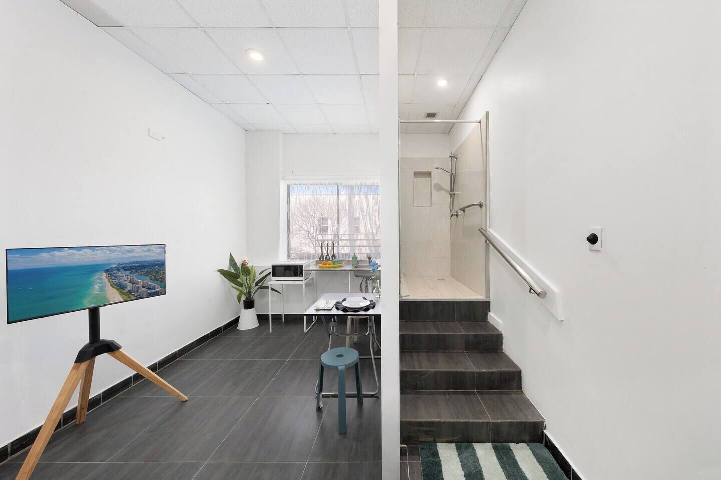 A modern interior with a flat-screen TV on a tripod, a small table with a plant, and a staircase leading to a shower area.