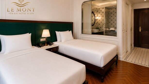 A hotel room with two beds, a nightstand with a lamp, a large mirror, and a wooden floor.