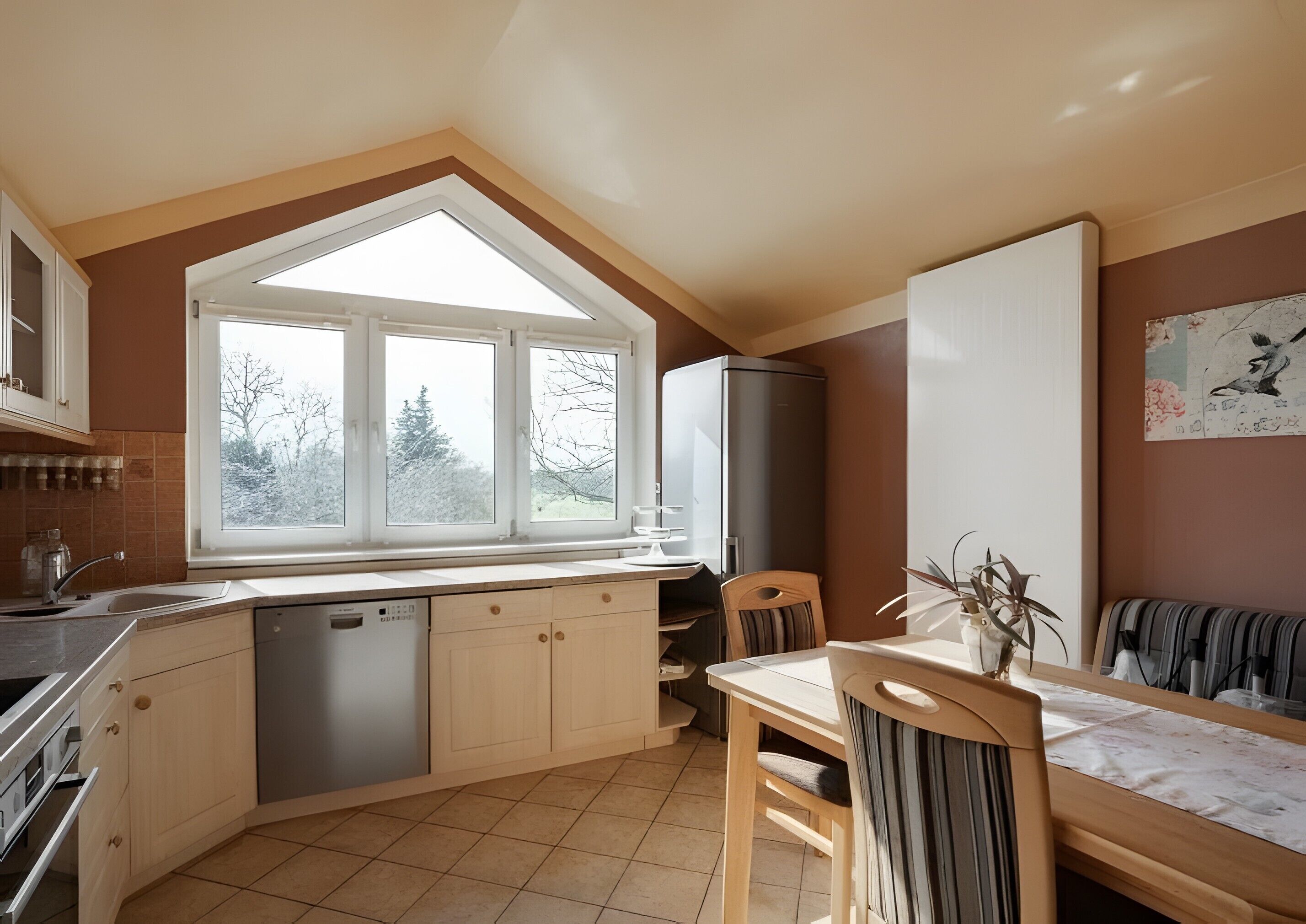 A kitchen with a window, a refrigerator, a dining table with chairs, and a sink.
