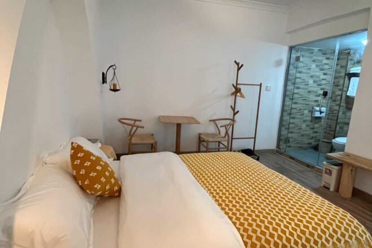 Una habitación de hotel con una cama, dos sillas, una mesita y cabina de ducha de vidrio.