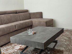 A modern living room with a grey sofa and a rectangular coffee table.