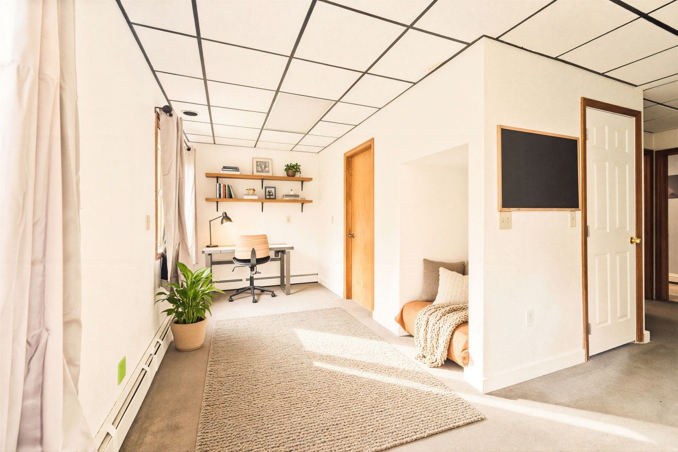 Una habitación con escritorio, silla, estanterías con libros, una planta y una cama con manta.