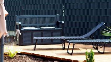 A patio area with a bench, a lounge chair, and a small plant.