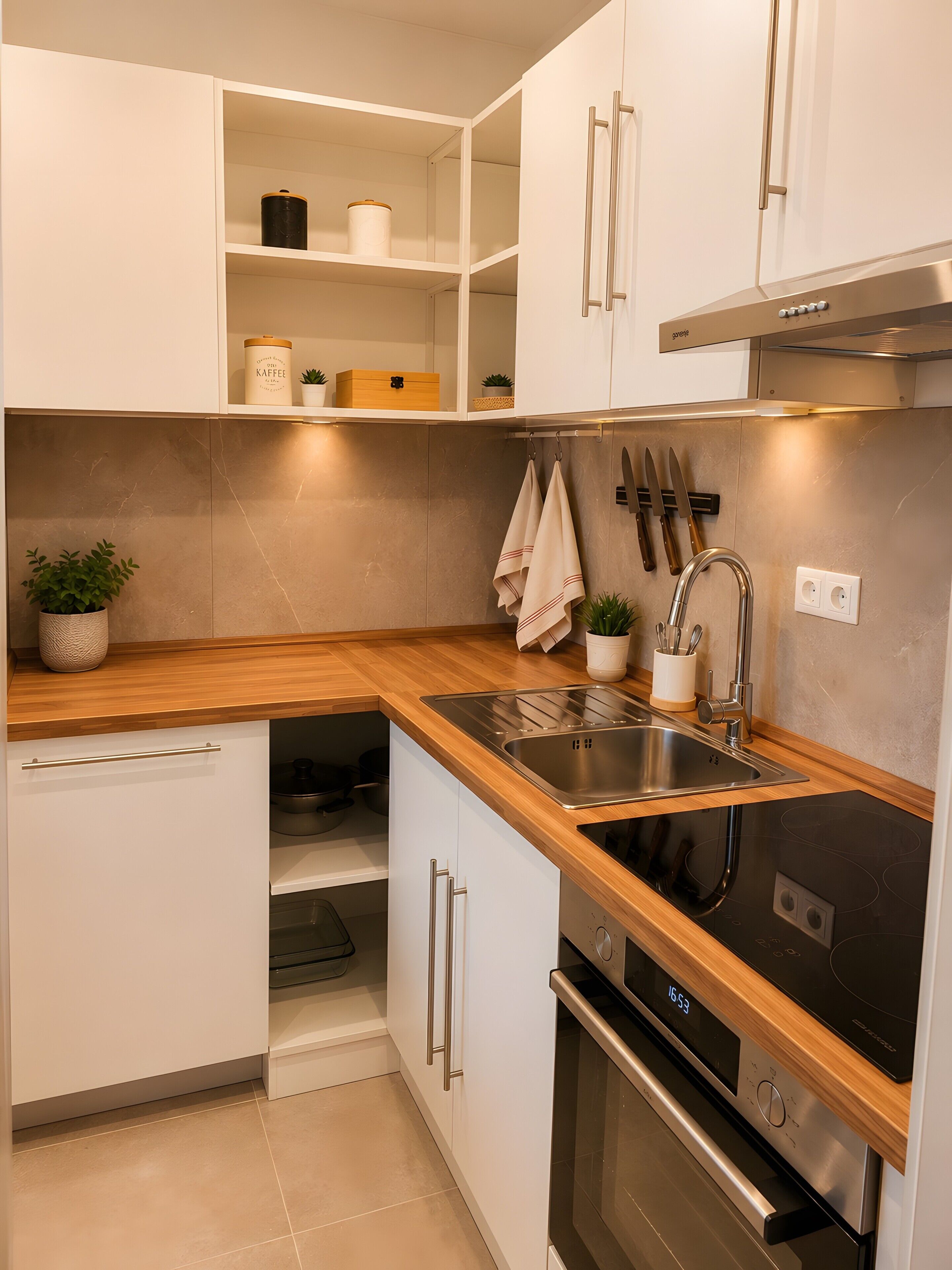Cafetera o tetera, frigorífico, horno y placa de cocina