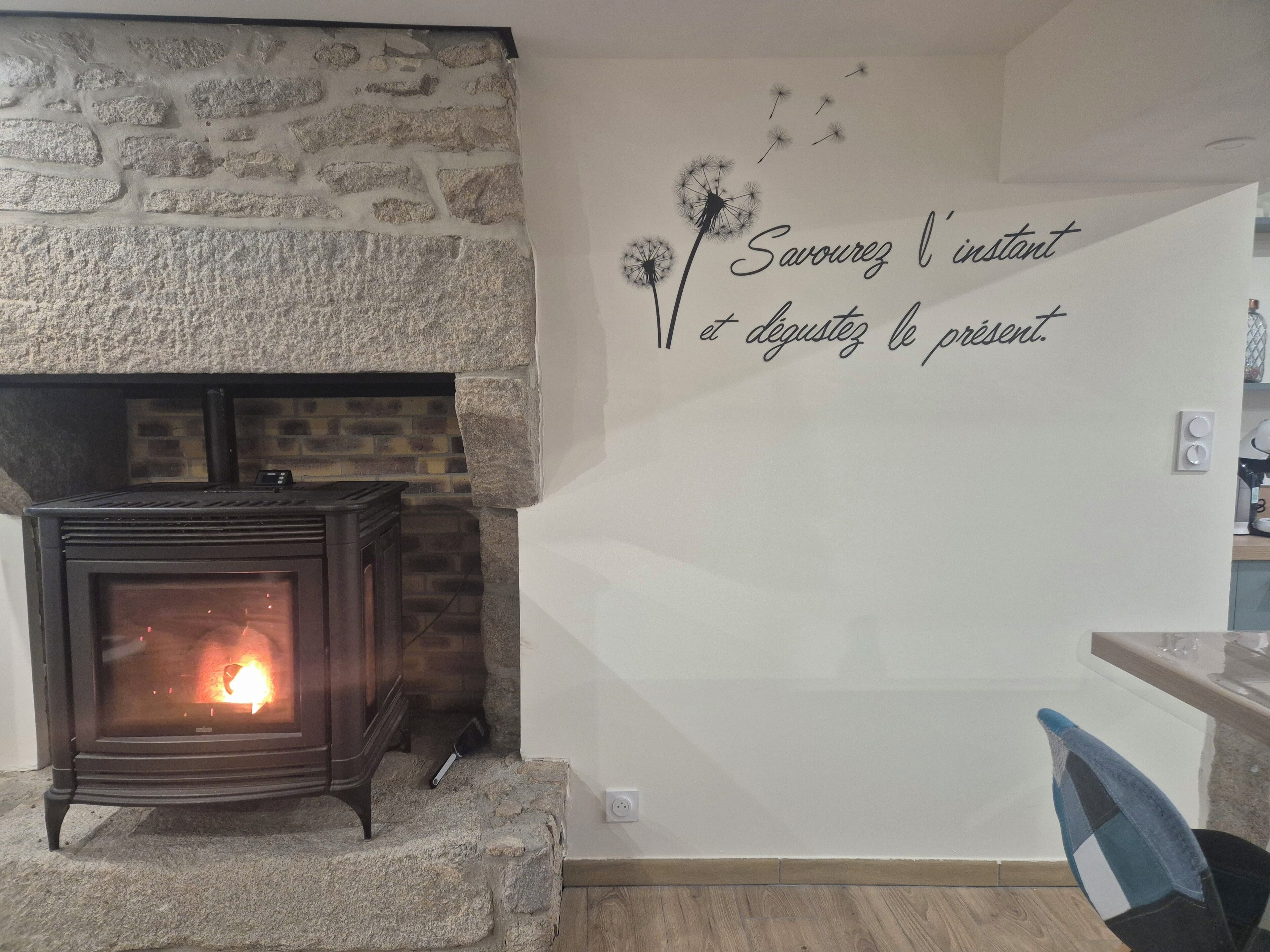 Een stenen open haard met vlammen, een muur met een Franse tekst, en een moderne fauteuil.