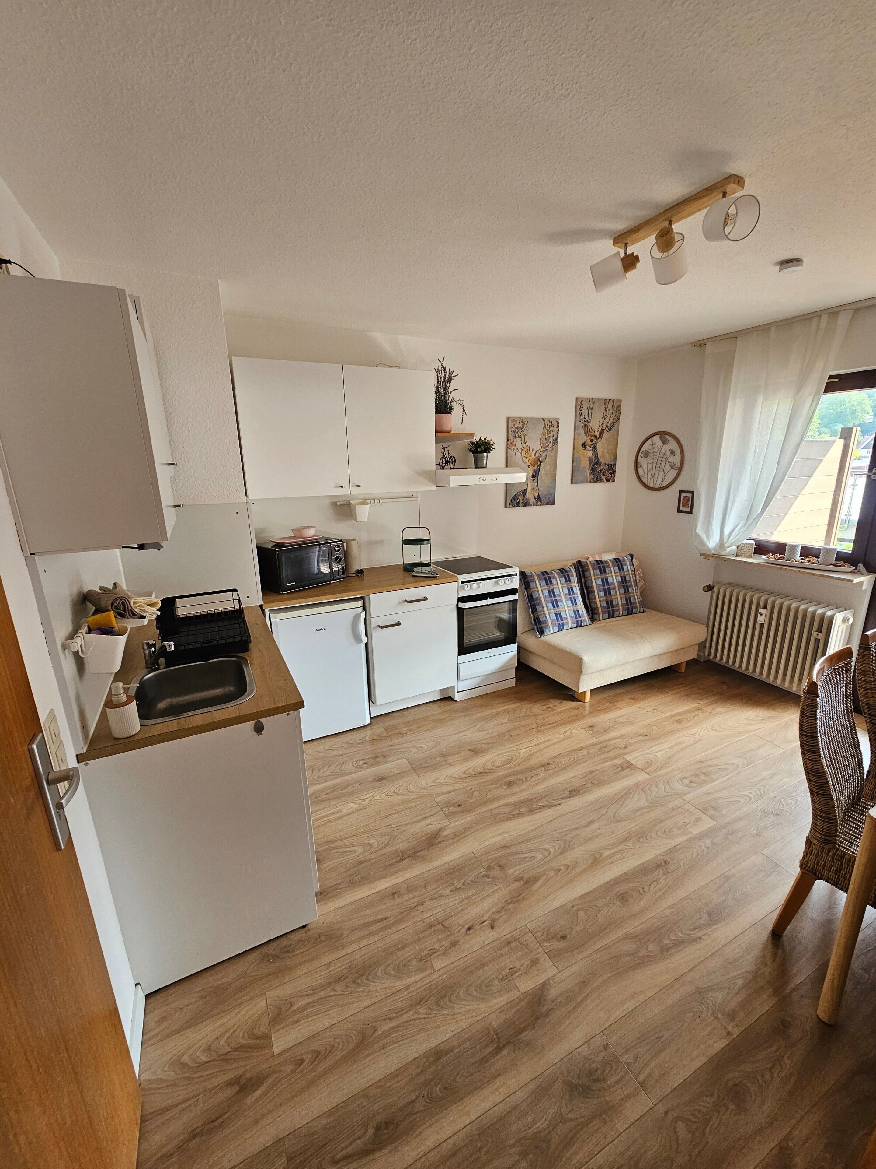 Coffee/tea maker, fridge, microwave, oven