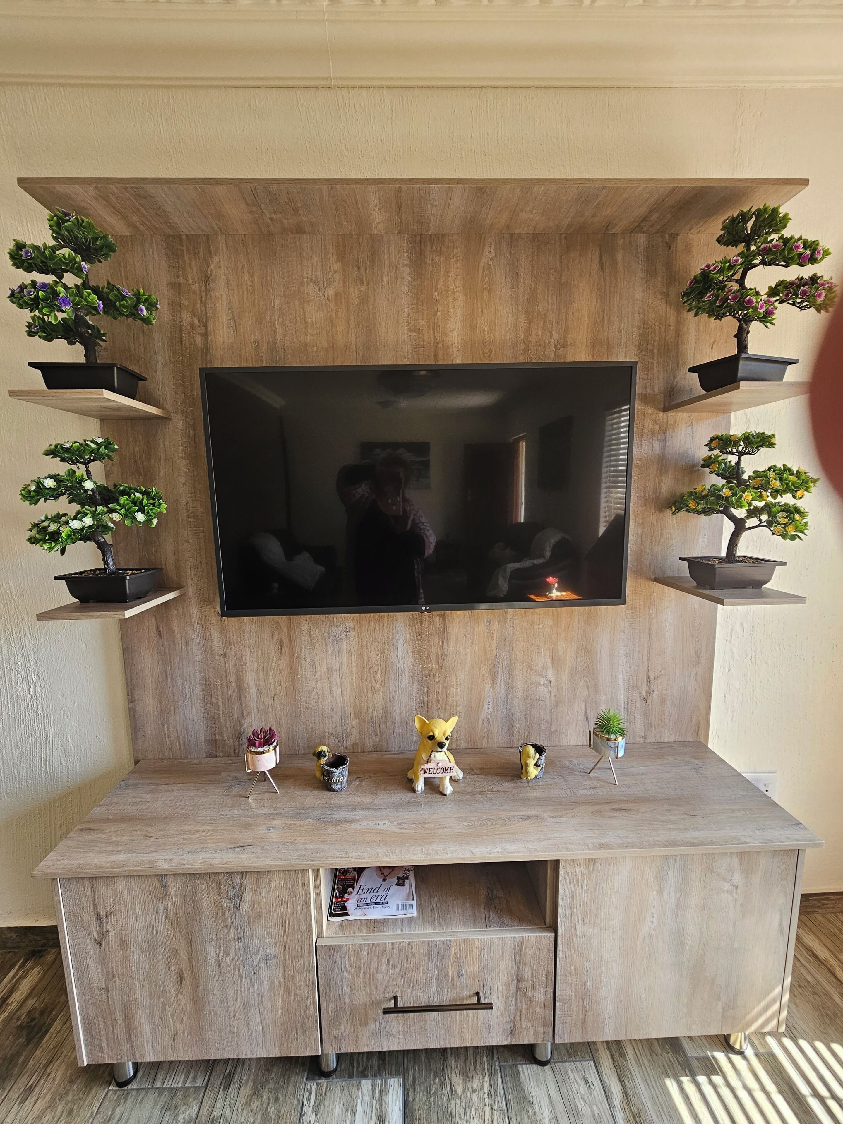 A wooden entertainment center with a flat-screen TV, potted plants, and a small dog figurine.