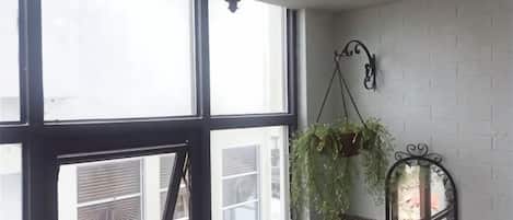 A room with large windows, a hanging plant, and a metal bench.