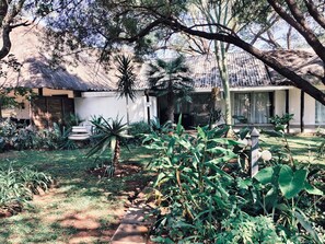 A garden with a thatched-roof structure, a paved path, and various tropical plants.