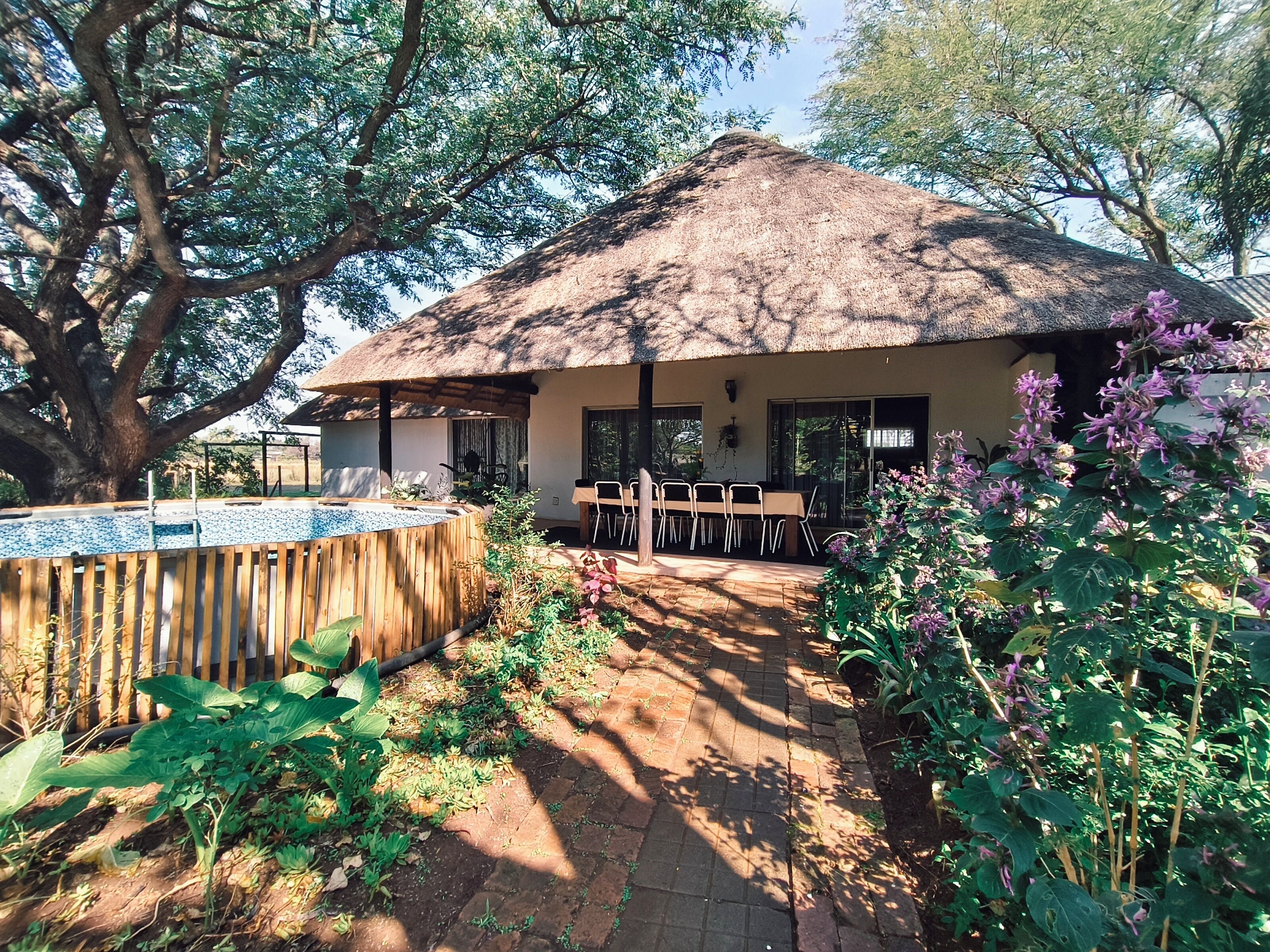 A thatched-roof building with a pool, outdoor seating, and lush vegetation.