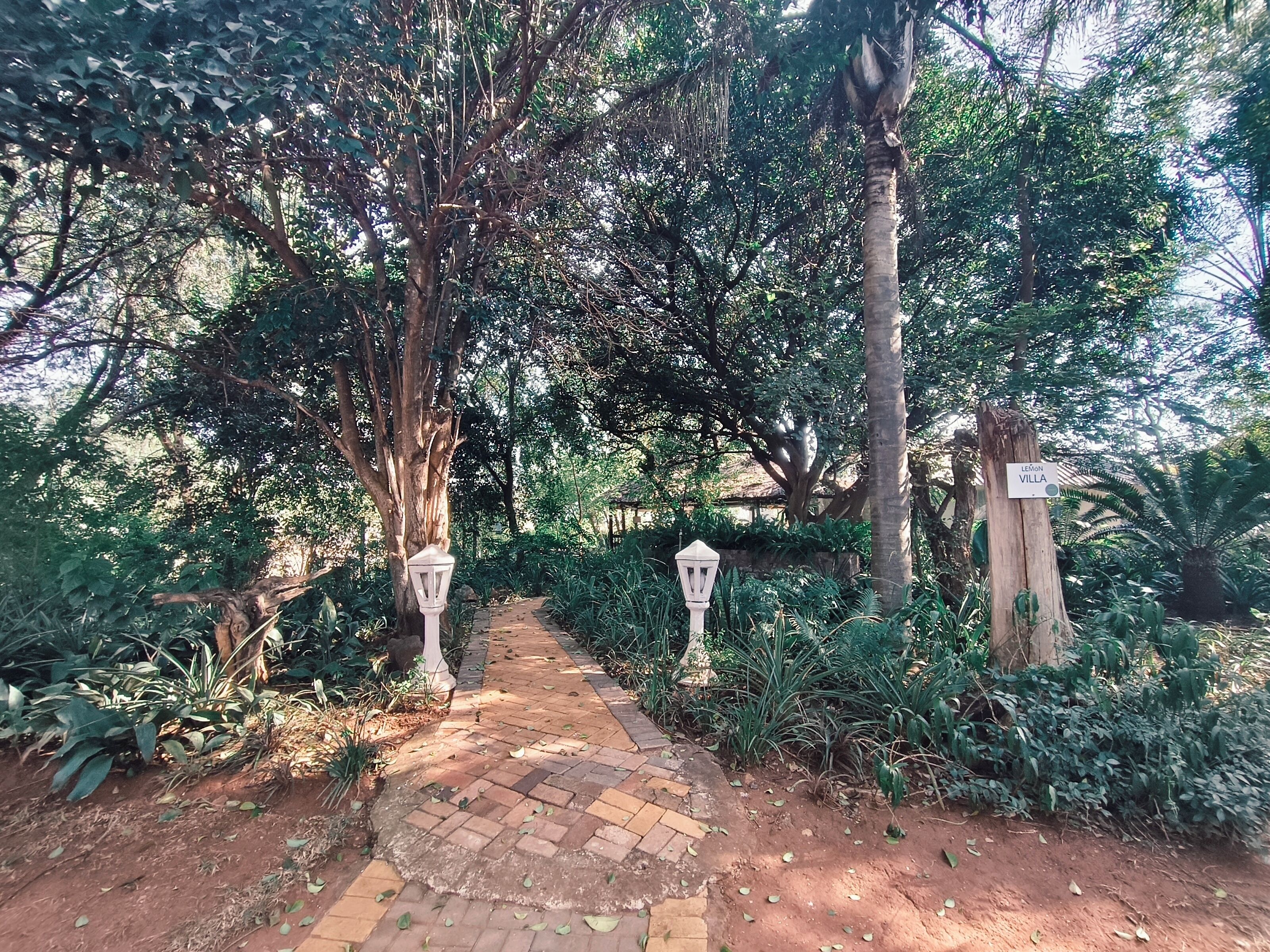 Un sendero pavimentado que atraviesa un jardín exuberante con árboles y un cartel que indica 'LEMON VILLA'.