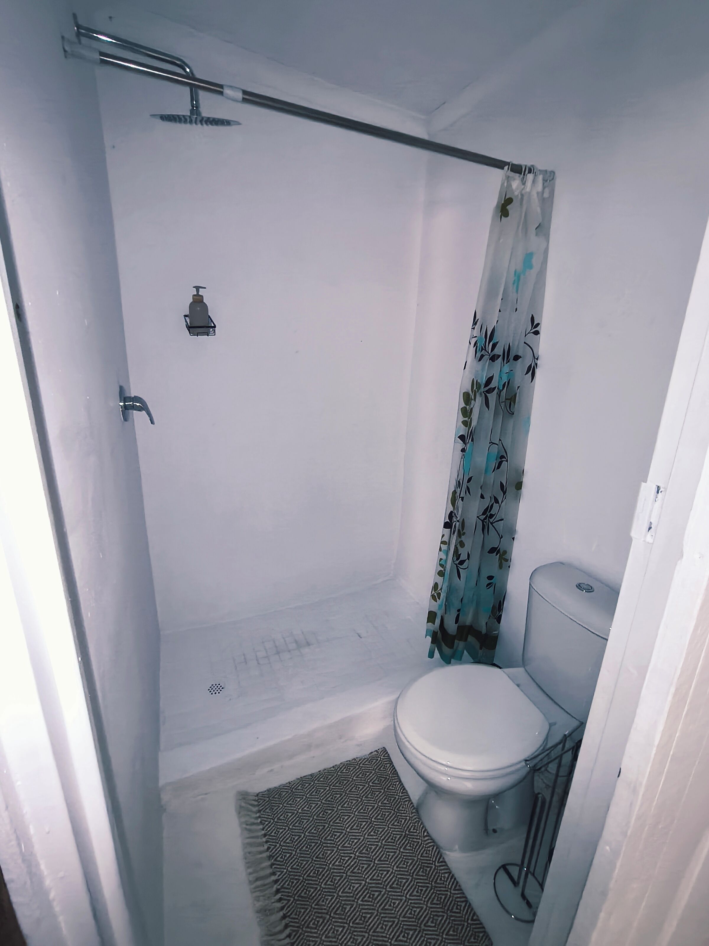 Un baño pequeño y funcional con ducha, inodoro y lavamanos.