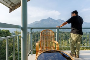 A person standing on a balcony with a view of mountains and greenery.