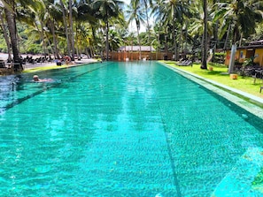 Piscina límpida rodeada por palmeiras e espreguiçadeiras, com um edifício ao fundo.
