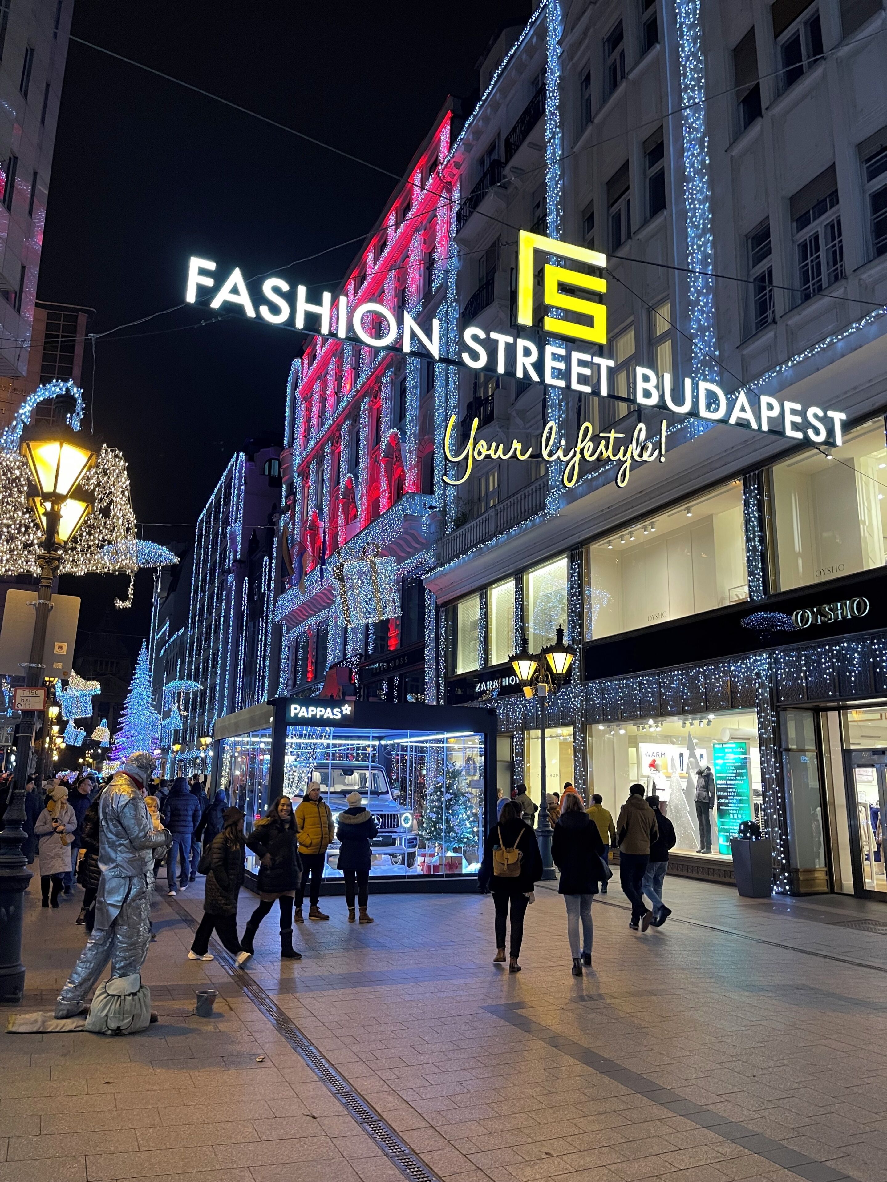 Une rue animée en plein centre-ville, avec des devantures de magasins illuminées et une enseigne bien visible indiquant « Fashion Street Budapest ».