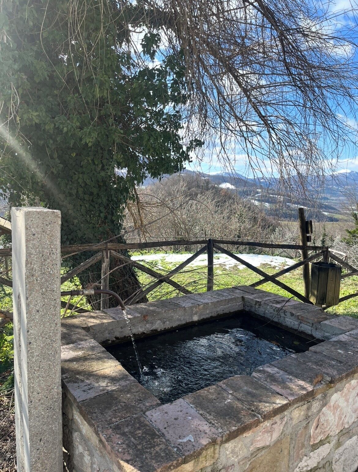A stone well with a wooden fence and a tree in the foreground.
