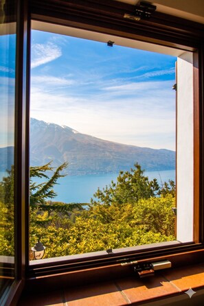 Ein Fenster mit Blick auf einen Berg und einen See.