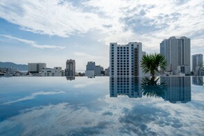 Paisagem urbana com edifícios modernos altos, céu claro e um corpo d'água calmo refletindo as construções.