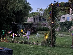 Ein Garten mit verschiedenen Pflanzen und dekorativer Beleuchtung.