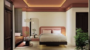 Quarto moderno com cama, mesa de cabeceira e espelho.
