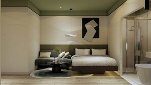 Een moderne slaapkamer met een bed, nachtkastjes, een hanglamp en een douchehoek.