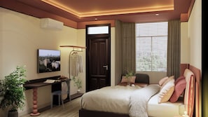 Quarto moderno com uma cama, escrivaninha e televisão.