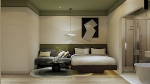 Un dormitorio moderno con una cama, mesitas de noche, una lámpara colgante y una zona de ducha.