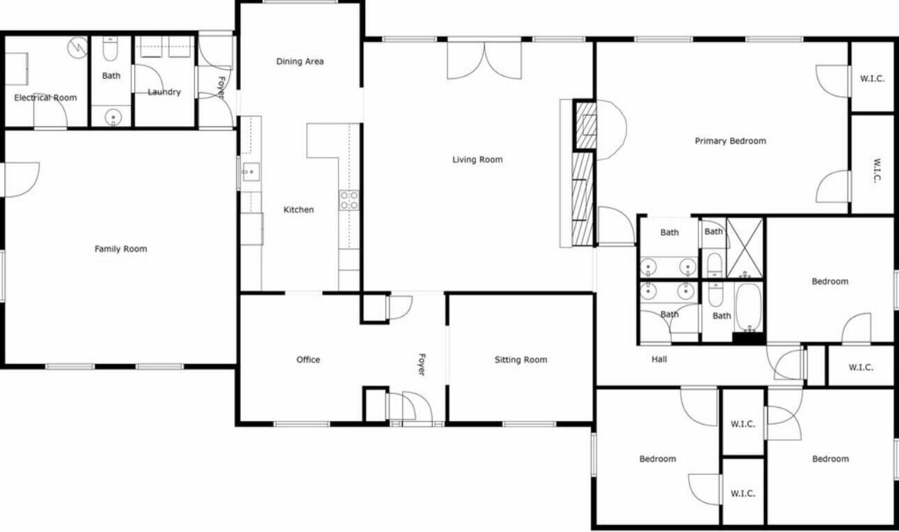 Pianta con soggiorno familiare, zona pranzo, cucina, ufficio, salotto, stanza relax, camera da letto principale e diversi bagni.