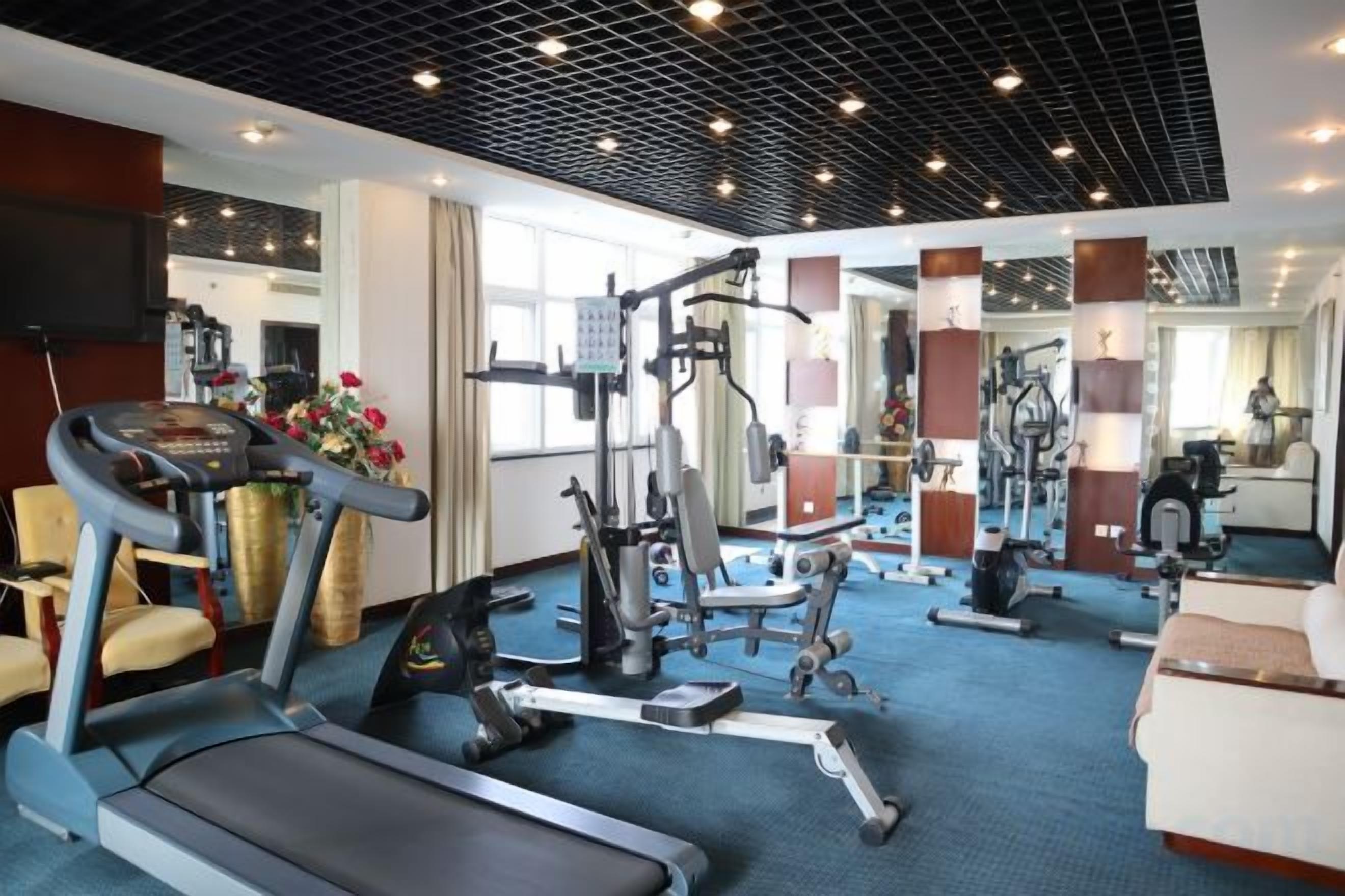 A gym with treadmills, weight machines, and exercise balls.