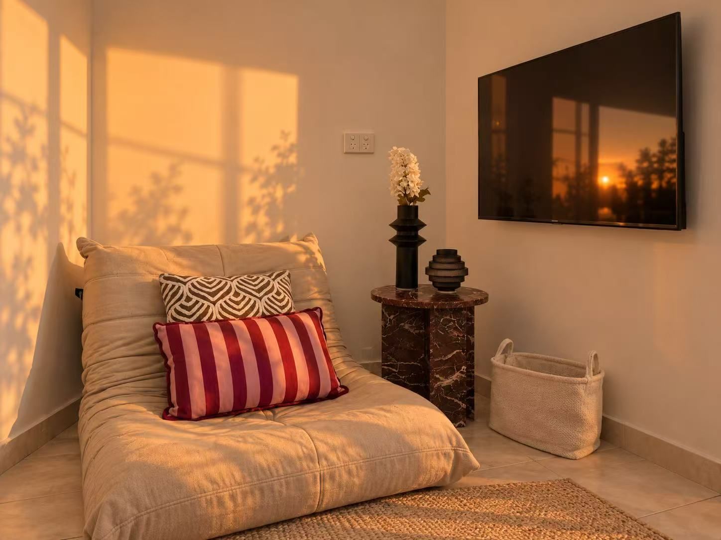 A bedroom with a bed, pillows, a vase with flowers, a small side table, a basket, and a wall-mounted TV.