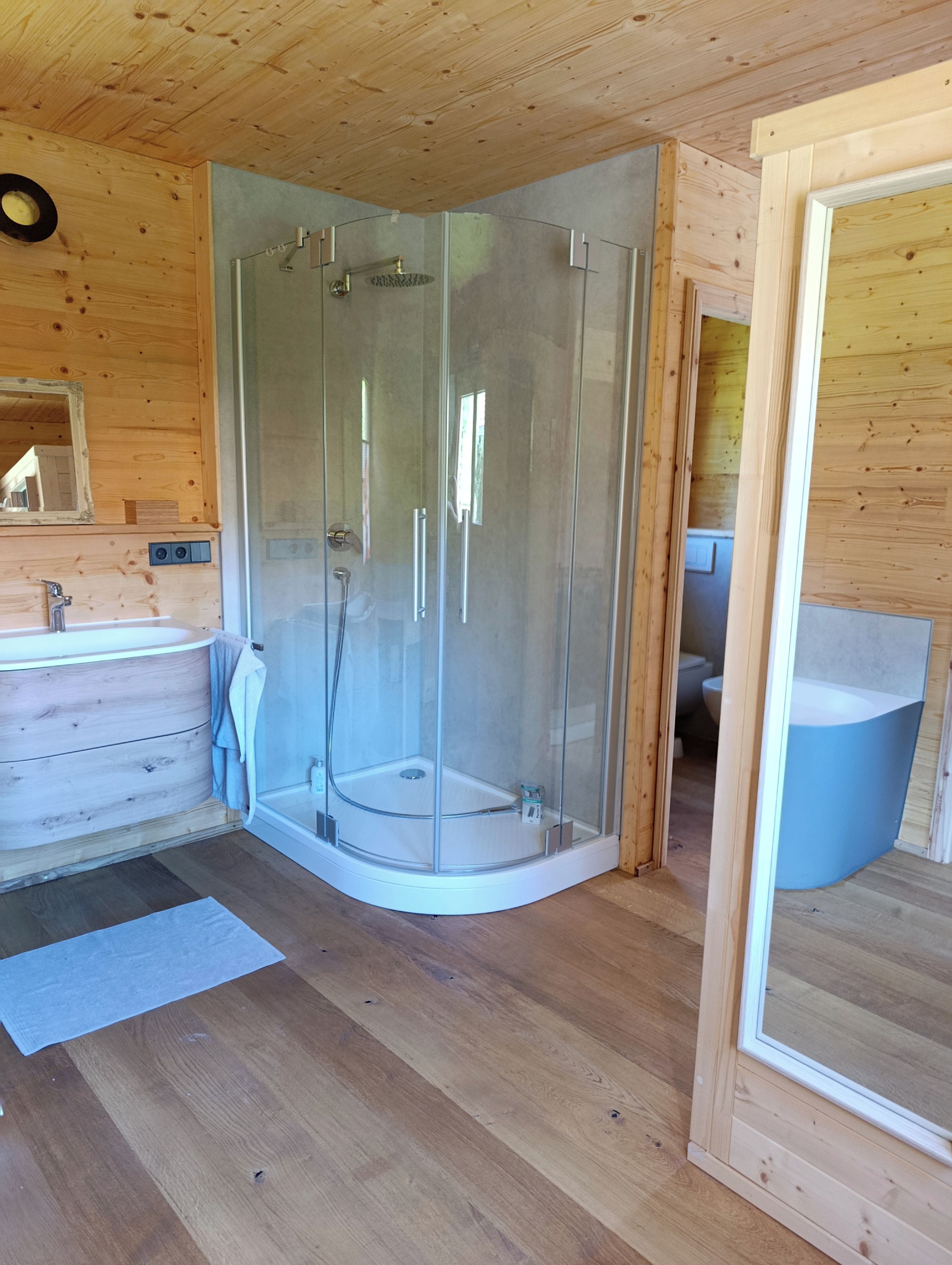 A wooden interior with a glass-enclosed shower, a sink, and a mirror.
