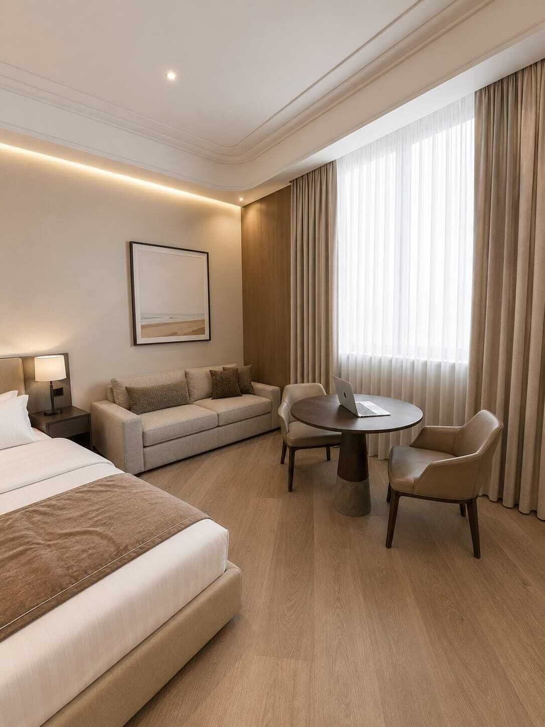 Ein Hotelzimmer mit einem Bett, einem Sofa, einem Schreibtisch mit einem Laptop sowie einem Esstisch mit Stühlen.