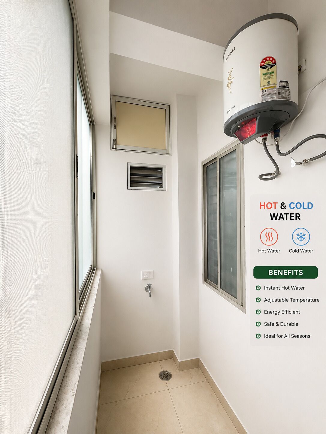 A bathroom with a hot and cold water heater mounted on the wall, a window, and a vent.