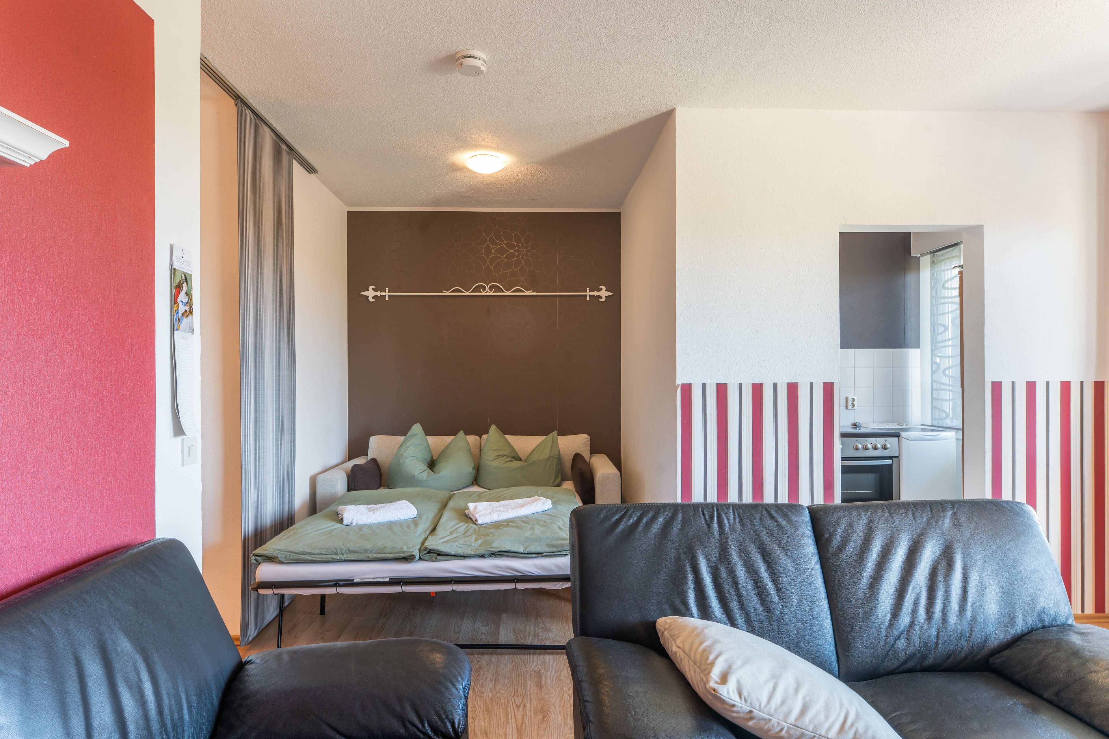A compact living space with a bed, a sofa, and a kitchenette.