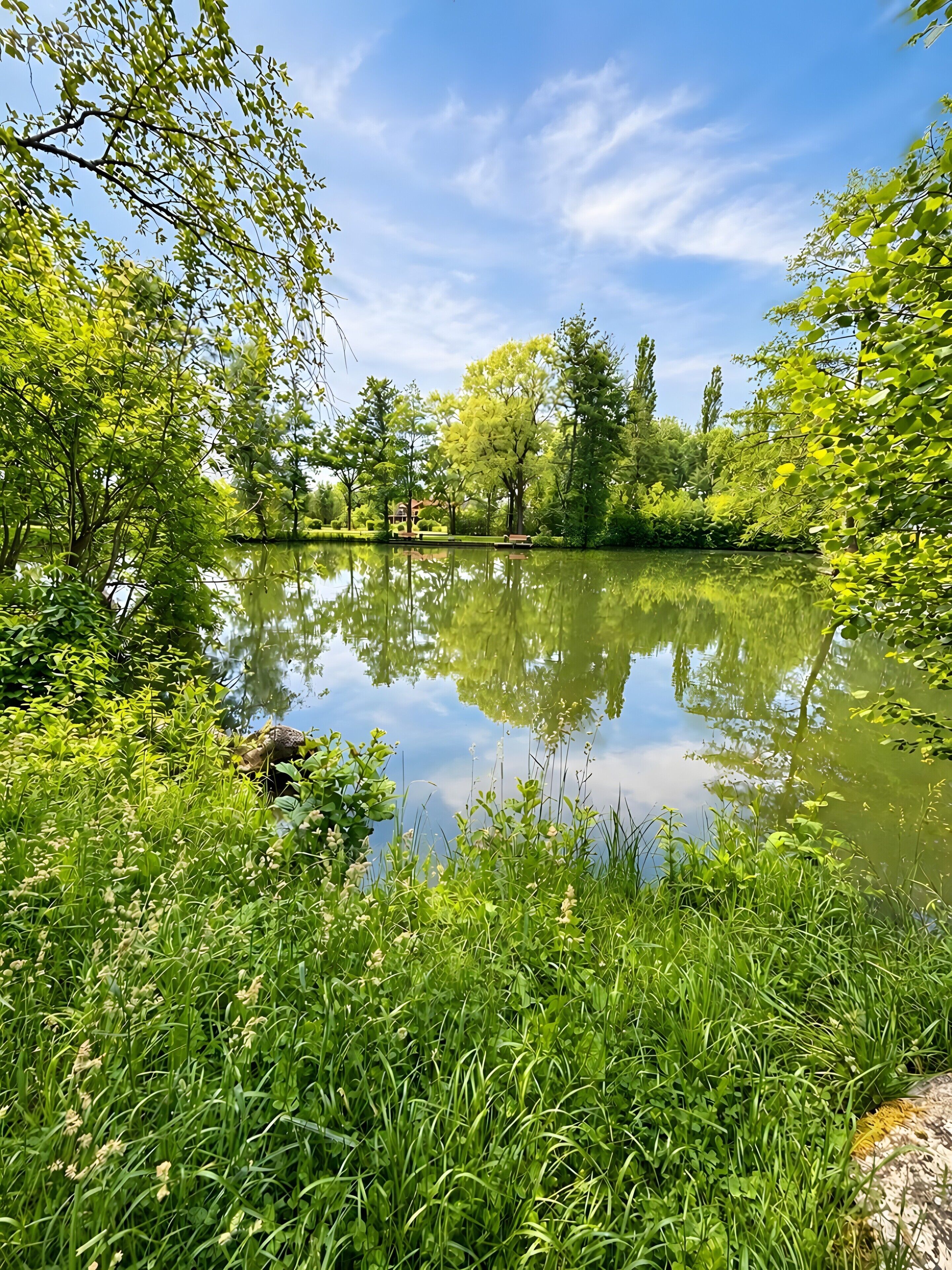 Een vredig uitzicht op een meer, met weelderige begroeiing en een heldere lucht.