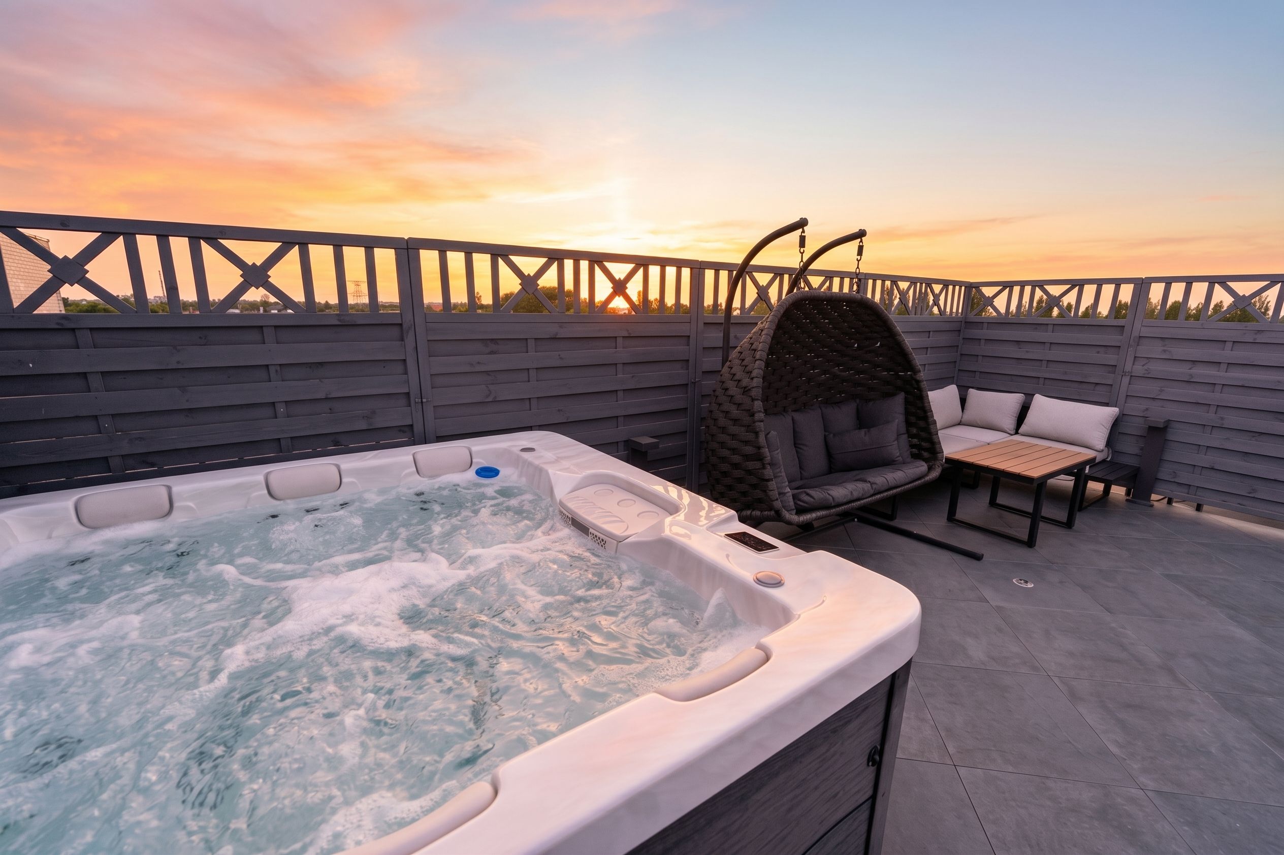 Ein Whirlpool auf einer Dachterrasse mit Holzzaun, einem Korbschaukelstuhl und einem Tisch mit Kissen.