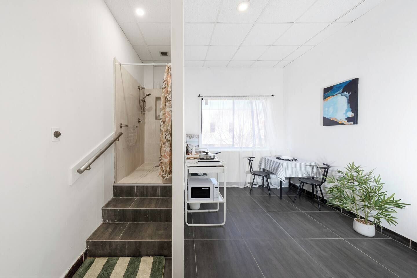 A modern apartment with a staircase leading to a shower area, a dining area with a table and chairs, and a potted plant.