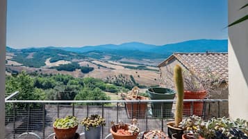 A balcony with potted plants and a view of rolling hills and mountains.