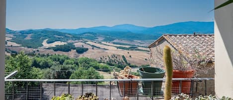 Un balcón con plantas en macetas y vistas a colinas y montañas.