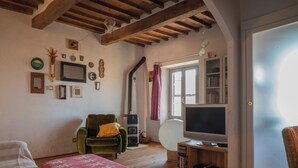 A cozy living room with a green armchair, a flat-screen TV, wooden flooring, and a bookshelf.