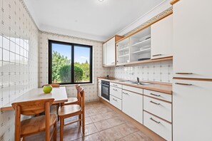 Eine Küche mit Esstisch und Stühlen, ein Fenster mit Blick auf Grünflächen und weiße Schränke mit Holzgriffen.