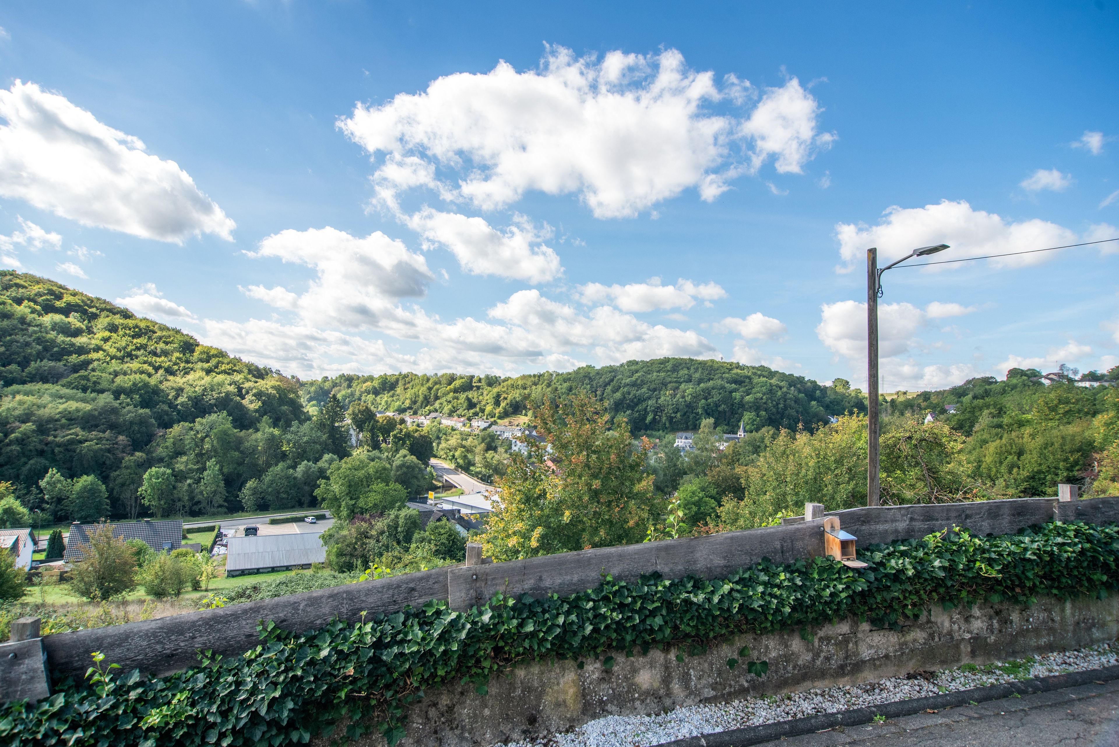A rural landscape with a road, houses, and greenery.