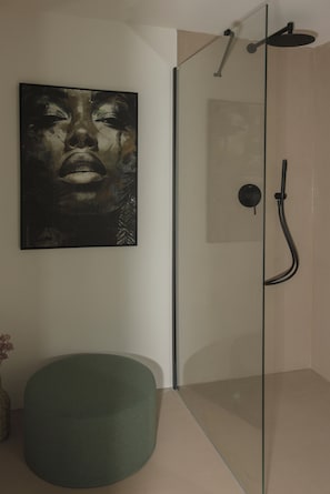 Chuveiro, secador de cabelo, toalhas de banho, sabonete