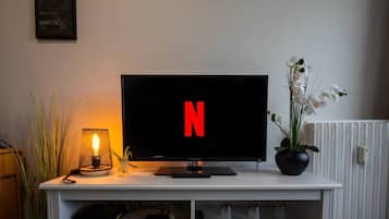 Un téléviseur avec le logo de Netflix affiché à l’écran, posé sur un meuble blanc, avec une plante à côté.