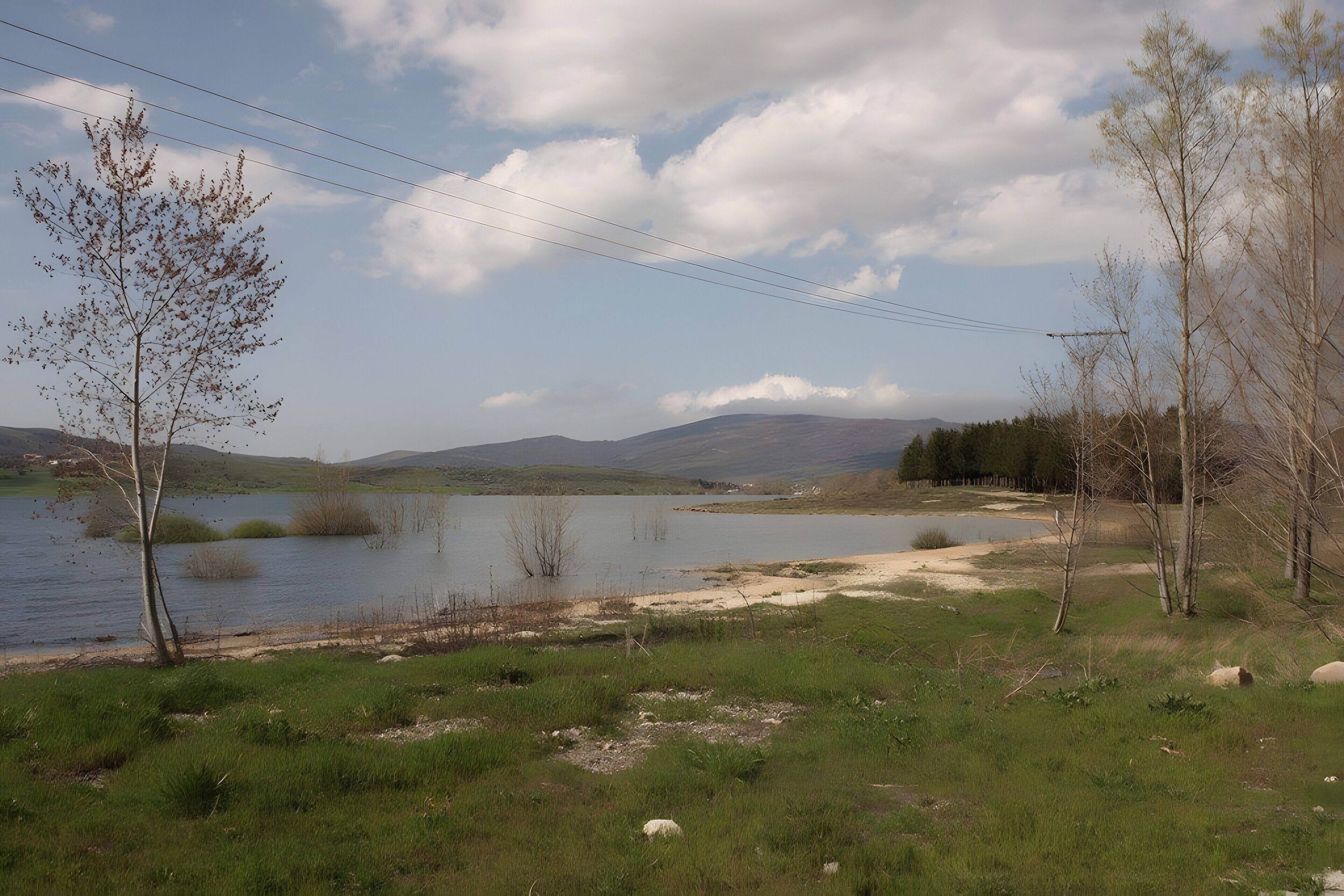 Paisagem natural com um lago, árvores e colinas ao longe.