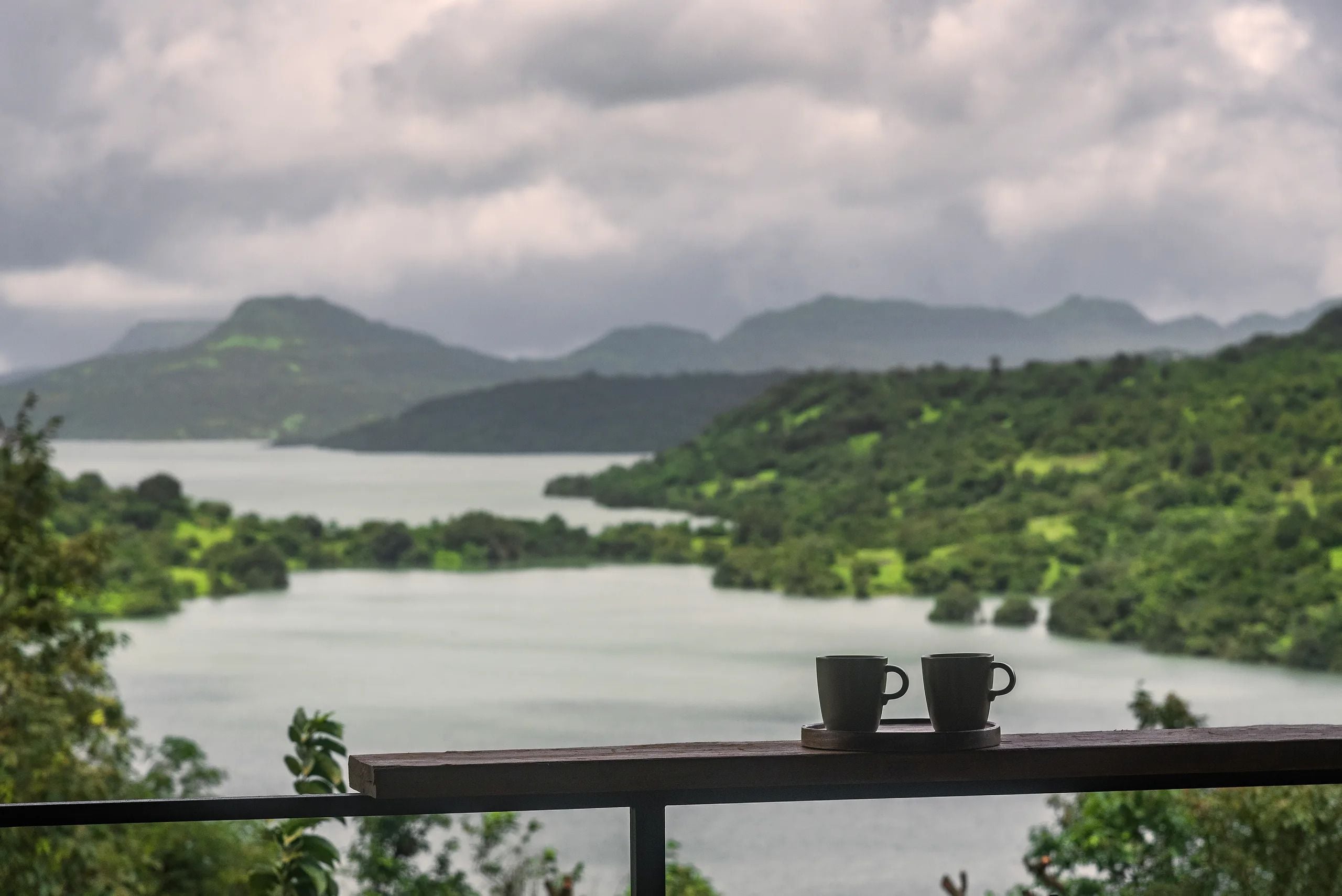 A view of a lake surrounded by mountains and greenery, with two cups on a railing.