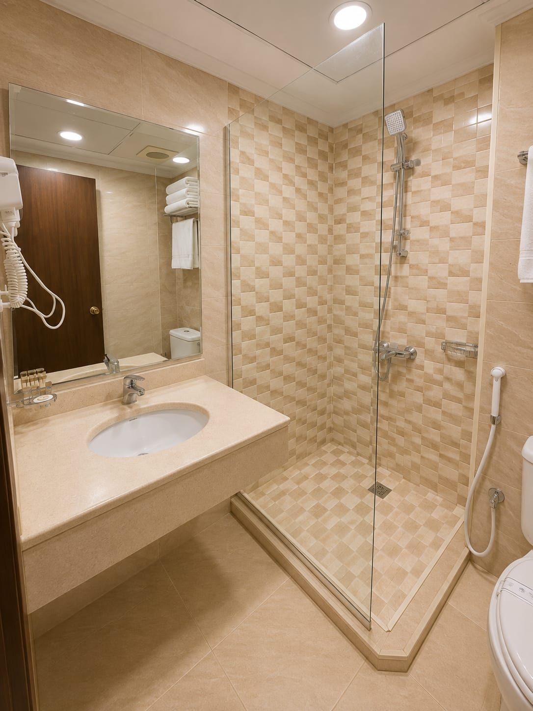 Een badkamer met een douchecabine van glas, een wastafel met spiegel en een toilet.