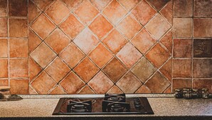 A kitchen with a tiled backsplash and a gas stove. - Hide Away in a Private Countryside Villa (Postojna)