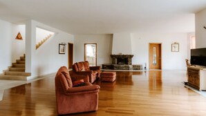 A spacious living room with a fireplace, a sofa, and a television. - Hide Away in a Private Countryside Villa (Postojna)