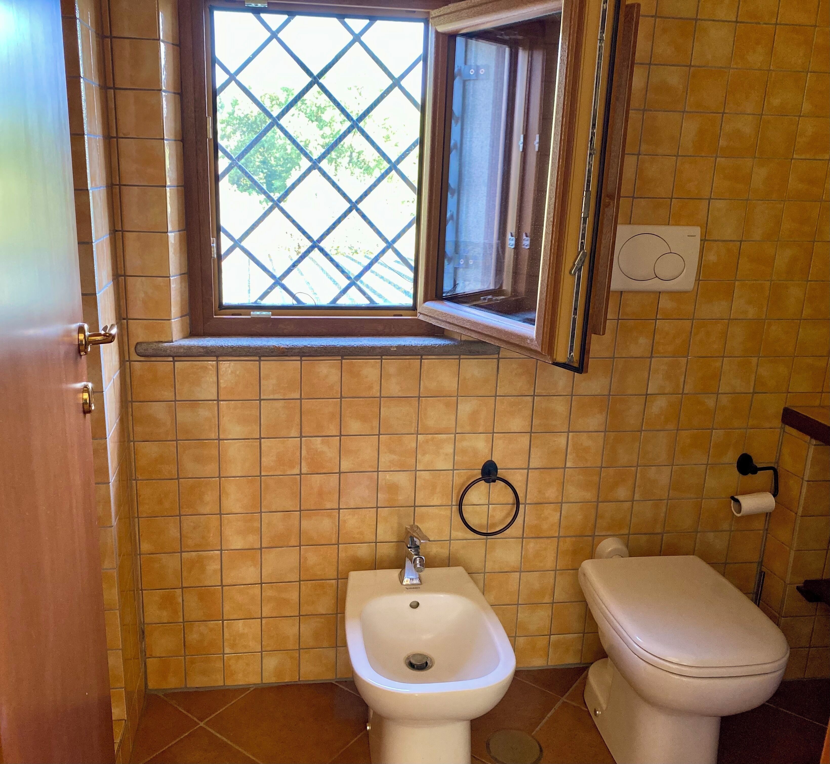 Een douche, een haardroger, een bidet, handdoeken